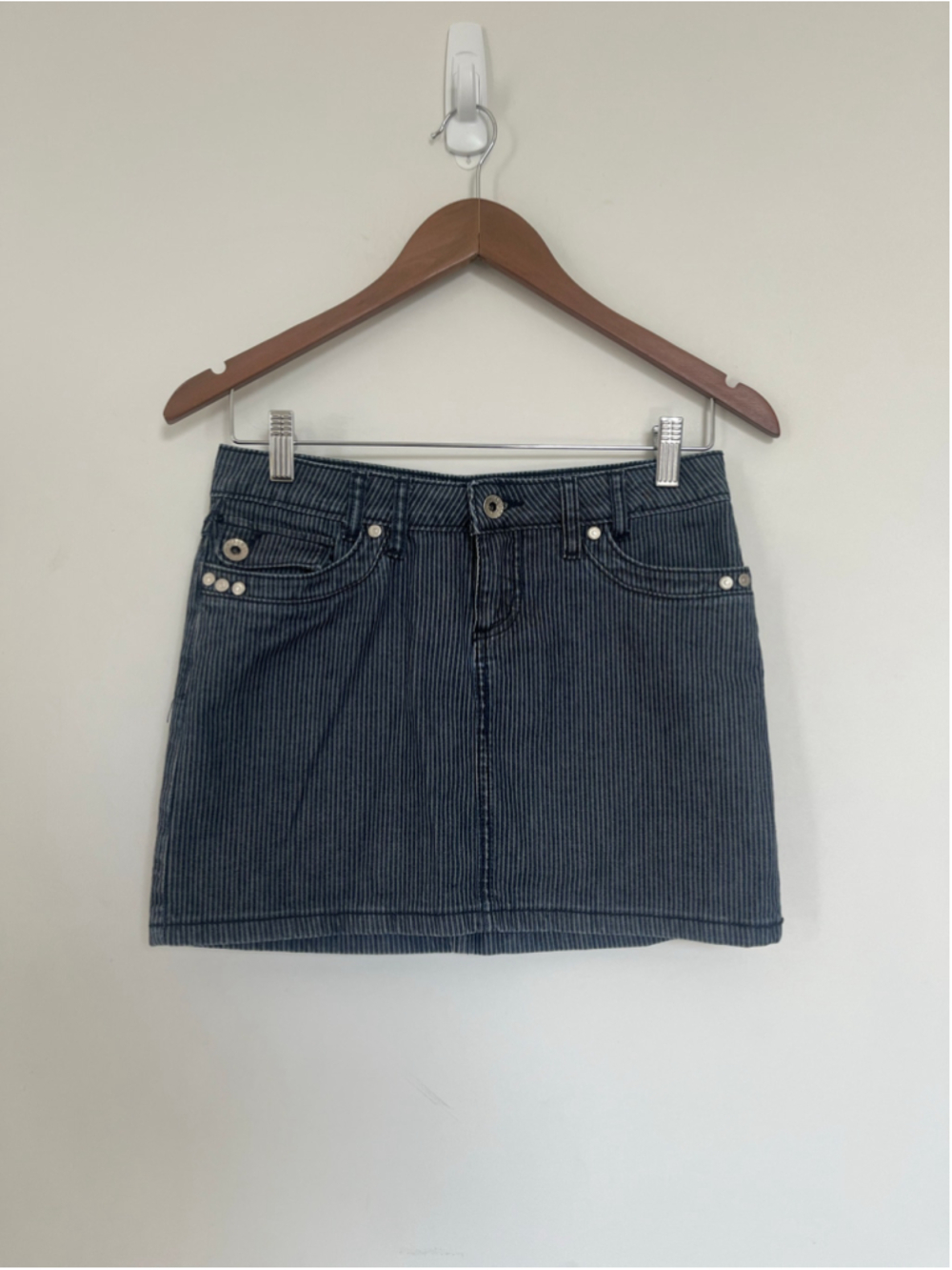 Y2K Low Rise Nitrogen Pinstripe Denim Mini Skirt Navy Blue Blue and White